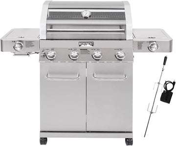 Monument Grills Larger 4-Burner Propane Gas Grills Stainless Steel Cabinet Style with Side & Infrared Side Sear Burners with Stainless Steel Rotisserie Kit(2 Items)