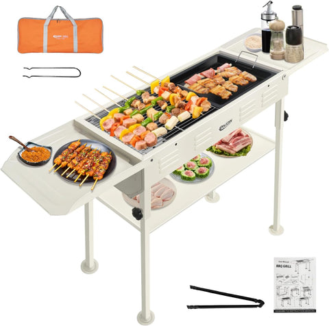 Image of ENJOIN Grills Outdoor Cooking Charcoal - Stainless Coating BBQ Grill Small Charcoal, Portable Charcoal Grill with Grill Pan, Storage Shelf Hooks for Party Picnic Travel Home,Rv Outdoor Cooking Use