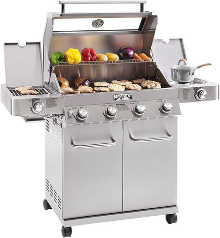 Image of Monument Grills Larger 4-Burner Propane Gas Grills Stainless Steel Cabinet Style with Clear View Lid, LED Controls, Built in Thermometer, and Side & Infrared Side Sear Burners