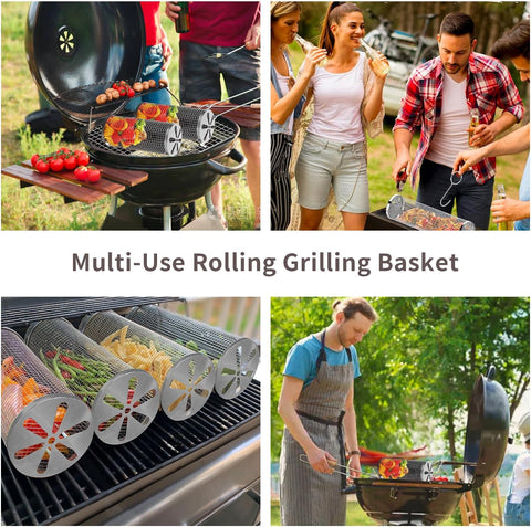 Image of Rolling Grilling Baskets for Outdoor Grilling, Yosvge BBQ Grill Basket Cylinder Cage, round Vegetable Grilling Tubes, Stainless Steel Grill Mesh Barbeque Grill Accessories, for Fish, Shrimp, Meat, Vegetables, Fries