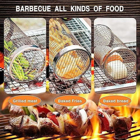 Image of Rolling Grilling Baskets for Outdoor Grilling-Round BBQ Grill Basket,2Pcs Stainless Steel Barbecue Cooking Grill Nets,Portable Outdoor Camping Accessories for Vegetables,French Fries,Meat,Fish