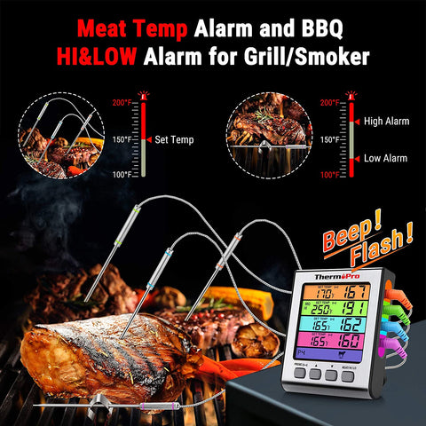 Image of TP17H Digital Meat Thermometer with 4 Temperature Probes, HI/LOW Alarm Smoker Food Thermometer with Colored Backlit LCD, BBQ Thermometer for Cooking Grilling Kitchen Oven Barbecue Turkey