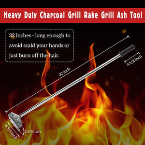 Heavy Duty Charcoal Grill Rake Grill Ash Tool Accessories with Rubber Handle, Charcoal Kettle Grill Pizza Oven Ash Rake -32 Inch