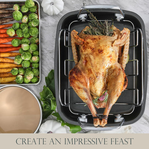 Image of KITESSENSU Nonstick Turkey Roasting Pan with Rack 17 X 14 Inch - Large Chicken Roaster Pan for Oven - Wider Handles & Heavy Duty Construction - Suitable for 24Lb Turkey, Gray