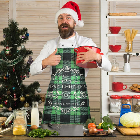 Image of 8 Pcs Christmas Buffalo Plaid Aprons Waterproof Holiday Kitchen Aprons Xmas Adjustable Baking Cooking Aprons Merry Christmas Aprons for Women Men Adults Chef Housewife