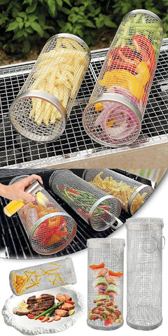 Image of Rolling Grill Baskets for Outdoor Grilling. BBQ Grill. Set of 2 Pieces. the Best Barbecue Accessory and Perfect for Use in the Oven. Kitchen Accessory, Rolling Baskets for Roasting Vegetables, Meat, Fish and for Camping. Perfect Men’S Gift