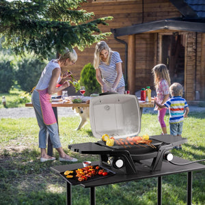 Portable Gas Grill, Portable Propane Grill, Propane Gas Grill, 24,000 BTU Outdoor Tabletop Small BBQ Grill with Two Burners, Removable Side Tables, Gas Hose and Regulator, Built in Thermometer, White