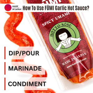FŪMI Japanese Garlic Hot Chili Sauce - Exotic Blend of Garlicy, Spicy, Umami, and Sweet Flavors - Hot Sauce for Wings, Noodles, Pizza, & More - Foodie Gifts, Hot Sauce Gifts - 3.2Oz Easy Squeeze Pouch