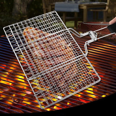 Image of Grill Basket, Stainless Steel Barbecue Basket with Foldable Handle, Portable Outdoor/Camping Grilling Accessories, Grill Vegetable Basket for Garden, Outdoor, Camping