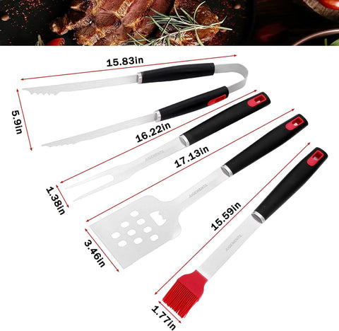 Image of BBQ Grill Accessories, 4-Piece Stainless Steel Grill Tools with Grill Tongs, Grill Spatula, Grill Forks, Silicone Brush, the Ideal Outdoor Heavy-Duty BBQ Accessories, Grilling Gifts for Men.