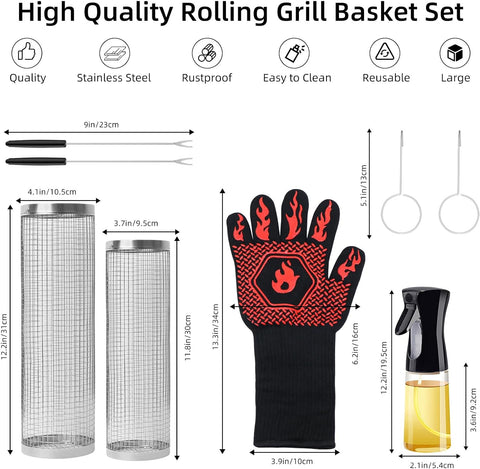 Image of Rolling Grilling Baskets for Outdoor Grill - Rotation Barbecue Cylinder Cage Large round Stainless Steel Grill Mesh Net Tube Camping Charcoal BBQ Cooking Grill Rack Barbeque Grill Accessories for Vegetable Fries Shrimp Meat, Gifts for Men (2PCS Set)