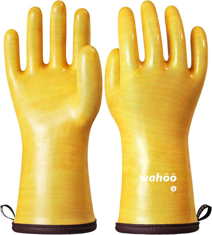 Image of Wahoo Liquid Silicone Smoker Oven Gloves, Food-Contact Grade, Heat Resistant Gloves for Cooking, Grilling, Baking, Yellow, M/8