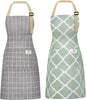 2 Pieces Aprons for Women with Pockets, Cotton Linen Waterproof Kitchen Cooking Aprons, Chef Apronfor Men Women with Adjustable Neck Strap and Long Ties(Grey/Green)