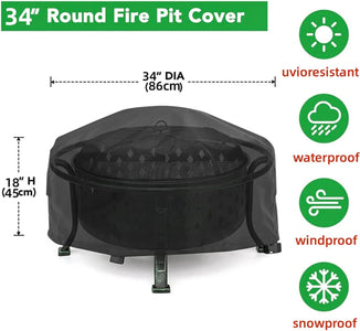 Fire Pit Cover round for Fire Pit 34X18 Inch Glmeggs Outdoor Waterproof Full Coverage Patio round Fire Pit Cover PVC Coating Firepit Cover Black Dustproof anti UV and Tear Resistant
