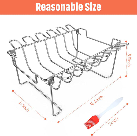 Image of 3 in 1 Extra Large Rectangle Rib Rack&Chicken Leg Rack with Brush, Stainlesss Steel Roasting Rack with 2 Handle for Smoker, Oven and Grill, Holds up to 5 Ribs, Easy to Use&Clean