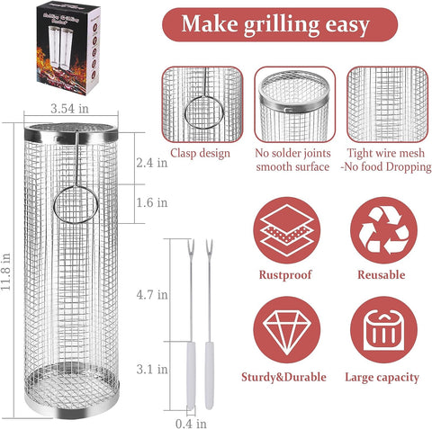 Image of Rdipsie Grill Basket, Rolling Grilling Basket, Grill Baskets for Outdoor Ggrill, Outdoor round BBQ Stainless Steel Grill Basket Campfire Grill Grid for Outdoor Grill for Fish, Meat, Vegetables, Fries