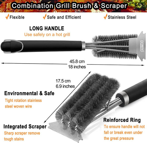 Image of Safe Grill Brush and Scraper with Deluxe Handle - 18" Grill Cleaner Brush Stainless Steel Bristle Grill Brush for Outdoor Grill Wizard Grate - BBQ Brush for Grill Cleaning Ideal Grilling Gifts