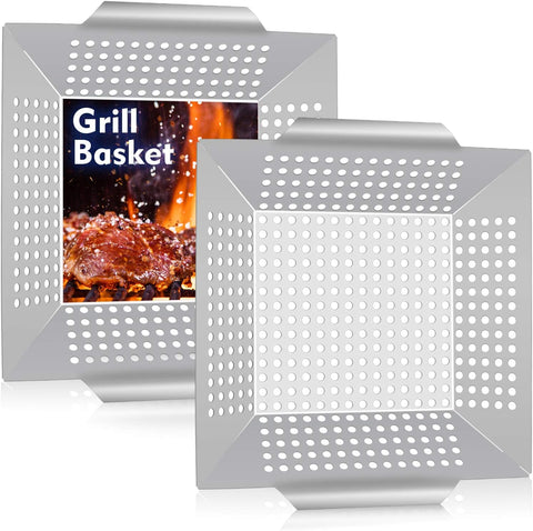 Image of 12In Grill Basket, Hasteel Large BBQ Grilling Basket Wok for Vegetable, Kabobs, Shrimps, Heavy Duty Stainless Steel Grilling Accessories for All Grills, Dishwasher Safe - (2 Packs)