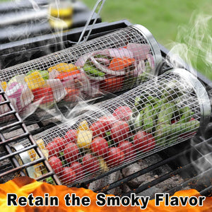 [Upgraded] Grilling Basket (Size XL), Dishwasher Safe round Grill Basket for Veggies, Stainless Steel Rolling Grilling Baskets for Outdoor Grilling, Durable, Easy to Store, Gifts for Men/Dad
