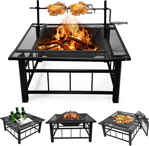 Image of 32 Inch Fire Pit Table with Swivel Grill for Outside, Large Square Outdoor Wood Burning Firepit with BBQ Grill Grate, Mesh Spark, Log Grate, Poker for Backyard Garden Patio Camping Picnic