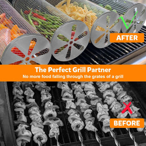 Rolling Grilling Baskets for Outdoor Grilling, Yosvge BBQ Grill Basket Cylinder Cage, round Vegetable Grilling Tubes, Stainless Steel Grill Mesh Barbeque Grill Accessories, for Fish, Shrimp, Meat, Vegetables, Fries