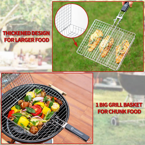 Image of JY COOKMENT Grill Basket Stainless Steel with Portable Removable Handle, Grilling Basket-Bbq Accessories for Vegetable, Shrimp, Fish, Steak and Outdoor Use-Dishwasher Safe