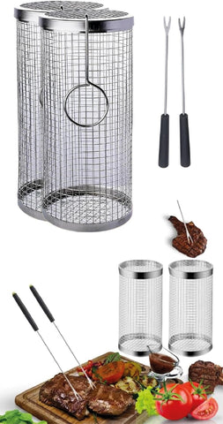 Image of Rolling Grill Baskets for Outdoor Grilling. BBQ Grill. Set of 2 Pieces. the Best Barbecue Accessory and Perfect for Use in the Oven. Kitchen Accessory, Rolling Baskets for Roasting Vegetables, Meat, Fish and for Camping. Perfect Men’S Gift
