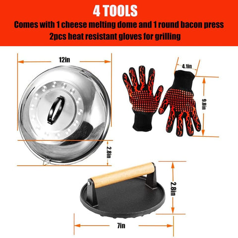 Image of 4 Piece Griddle Accessories Kit for Blackstone- 12'' Cheese Melting Dome Stainless Steel with 7'' Burger Bacon Press and 2 Pcs BBQ Heat Resistant Gloves for Flat Top Griddle Grill Indoor Outdoor