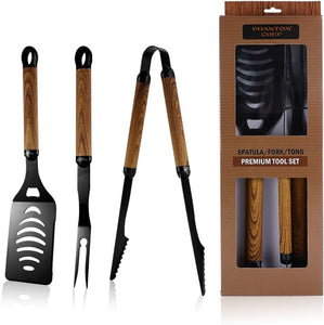 BBQ Tool Set | Grill Accessories for BBQ | Stainless Steel Grilling Utensils | Indoor & Outdoor Fork, Spatula, Locking Tongs | Kitchen & Camping Griddle Tool | Easy to Clean | 3 Pieces
