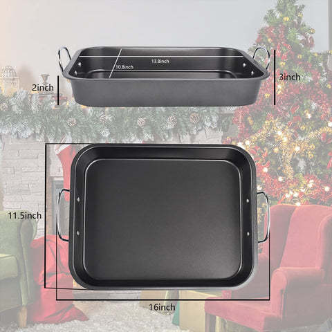Image of Kitcom Nonstick Roasting Pan with Rack, 16 Inch X 11.5 Inch Rectangular Roaster Set for Roasting Turkey, Chicken, Meat and Veggies, Gray