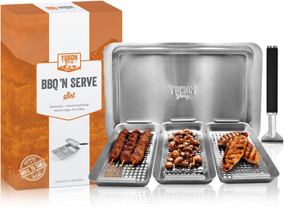 ™ BBQ 'N SERVE Grill Basket Set - Includes 3 Grilling Baskets a Serving Tray & Clip-On Handle - "Patented Grill-To-Table Design" Perfect for Grilling Fish Veggies & Meats