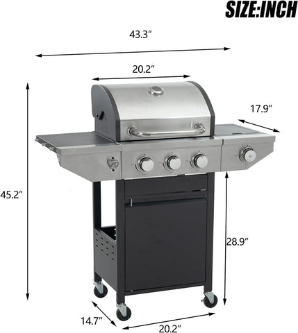 Image of 3-Burners Propane Gas Grill with Side Burner & Thermometer, 33950 BTU Output Stainless Steel Grill for Outdoor BBQ and Camping, Patio Backyard Barbecue(3 Burner+Side Burner)