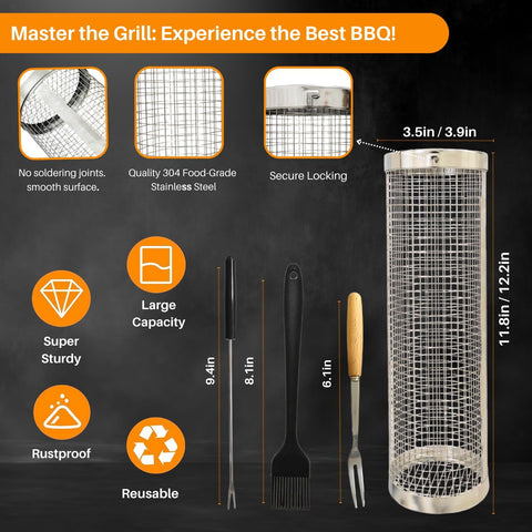 Image of Grill Master'S 2PCS, BBQ Rolling Grilling Basket | round Portable Stainless Steel Veggie Grill Basket Tube for Outdoor Cooking | Perfect for Vegetables, French Fries, and Fish - LARGE (2-PCS))