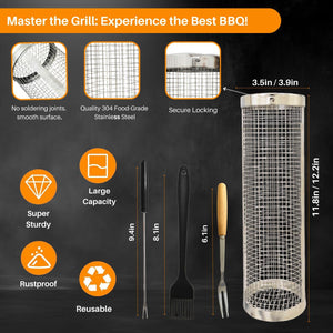 Grill Master'S 2PCS, BBQ Rolling Grilling Basket | round Portable Stainless Steel Veggie Grill Basket Tube for Outdoor Cooking | Perfect for Vegetables, French Fries, and Fish - LARGE (2-PCS))