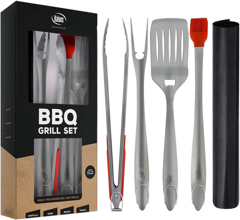 Image of Grill Set, Heavy Duty Thick Stainless Steel Grilling Utensils 5 Piece Grilling Set, Tong, Fork, Spatula, Basting Brush Extra Long Grill Accessories