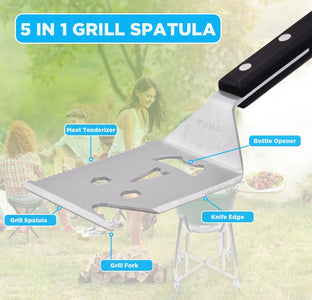 Carvefun-5 in 1 Grill Spatula with Knife, Fork, Bottle Opener and Turner BBQ Tools. All in 1 Grill Accessories Set for Outdoor Barbecue Grills. 13.58 Inch Pakka Wood Handle Grilling BBQ Set