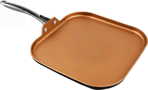 Image of 11 Inch Copper Grill Pan Non-Stick Square Griddle Pan with Stainless Steel Handle Dishwasher Safe Oven Safe Suitable for Gas Cooke
