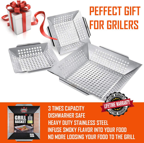 Image of 3 Pack Grill Baskets for Outdoor Grill, Heavy Duty Stainless Steel Vegetable Grill Basket, Grilling Basket for Veggies, Grilling Accessories for All Grills & Smokers - Grilling Gifts for Men