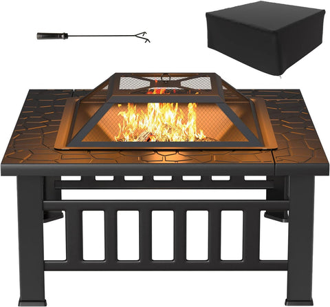 Image of Tuoze 32-Inch Fire Pits Outdoor Patio Metal Multifunctional Firepit Table with Waterproof Cover for Camping Bonfire Party Picnic BBQ Backyard Garden outside Heating,Black
