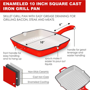 10 Inch Square Cast Iron Grill Pan Skillet Grill Pan with Easy Grease Draining for Grilling Bacon, Steak, and Meats, Stove, Fire and Oven Safe for Camping or Barbecue (Red)