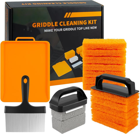 Image of Griddle Cleaning Kit for Blackstone, Flat Top Grill Accessories Cleaner Tool Set- 1 Griddle Scraper, 2 Grill Stone, 1 Heat-Resistant Silicone Spatula Mat, 12 Scouring Pads and 2 Handle, Total 18Pieces