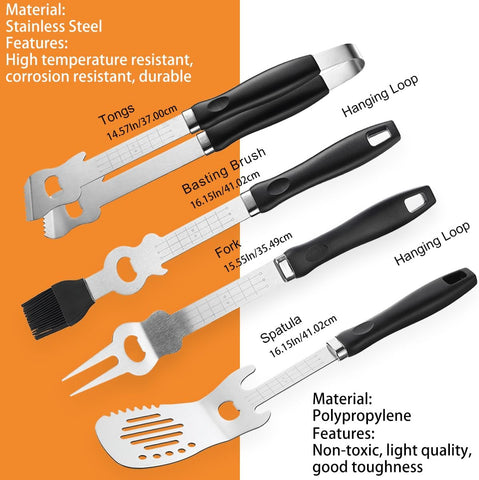 Image of ROMANTICIST 5PCS Guitar Style Heavy Duty Grill Tool Set - Stainless Steel BBQ Tools Including Spatula, Fork, Tongs, Basting Brush and Storage Bag in Unique Guitar Shape - Perfect Grill Gift Choice