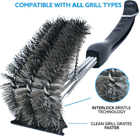 Image of Grill Brush and Scraper - 360 Straight Edge - Compatible with Weber and Pellet Grill Brands - BBQ Cleaner Fits All Grills, Stainless Steel, Cast Iron, Porcelain - Flex Grip Handle