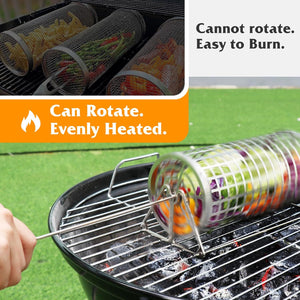 Rolling Grilling Basket, BBQ Grill Basket, Rolling Grilling Baskets for Outdoor Grilling，Perfect for Vegetables, Fruit, Fries, Multifunctional round Barbecue Cooking Accessory. (1PCS)