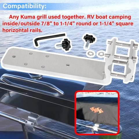 Image of 58182 Stow N' Go Grill Rail Mount Bracket, Compatible with Any Kuma Grill and RV Boat Camping Inside/Outboard 7/8" to 1-1/4" round or 1-1/4" Square Horizontal Railings