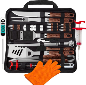 26Pcs Grilling Accessories Kit for Men Women, Stainless Steel Heavy Duty BBQ Tools with Glove and Corkscrew, Grill Utensils Set in Portable Canvas Bag for Outdoor,Camping,Backyard,Brown