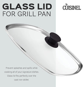Cast Iron Square Grill Pan + Glass Lid - 10.5" Pre-Seasoned Ridged Skillet + Handle Cover + Pan Scraper - Grill, Stovetop, Fire Safe - Indoor and Outdoor Use - for Grilling, Frying, Sauteing