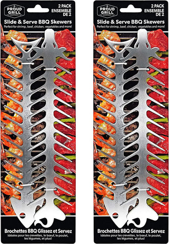 Image of Proud Grill Slide & Serve BBQ Skewers - Set of 4 Stainless Steel Reusable Barbecue Skewers | Ideal for Grilling Shish Kabobs | Use for Beef, Pork, Chicken, Vegetable and Shrimp Kabobs.