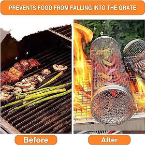 Rolling Grilling Baskets for Outdoor Grilling-Round BBQ Grill Basket,2Pcs Stainless Steel Barbecue Cooking Grill Nets,Portable Outdoor Camping Accessories for Vegetables,French Fries,Meat,Fish