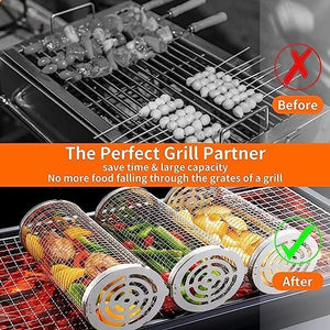 Raepperhan Rolling Grilling Basket, BBQ Grill Basket, Stainless Steel Rolling Grilling Basket, Outdoor Rolling Grilling Baskets for Fish Shrimp Meat Vegetables Fries (2P Is Big +2P I2P Is Big +2P Is Smalls, 4 PCS)